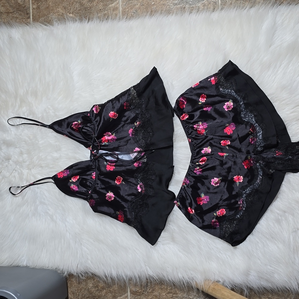 Victoria's Secret Black Floral Satin Like Cami Open Front Top Booty Short Set